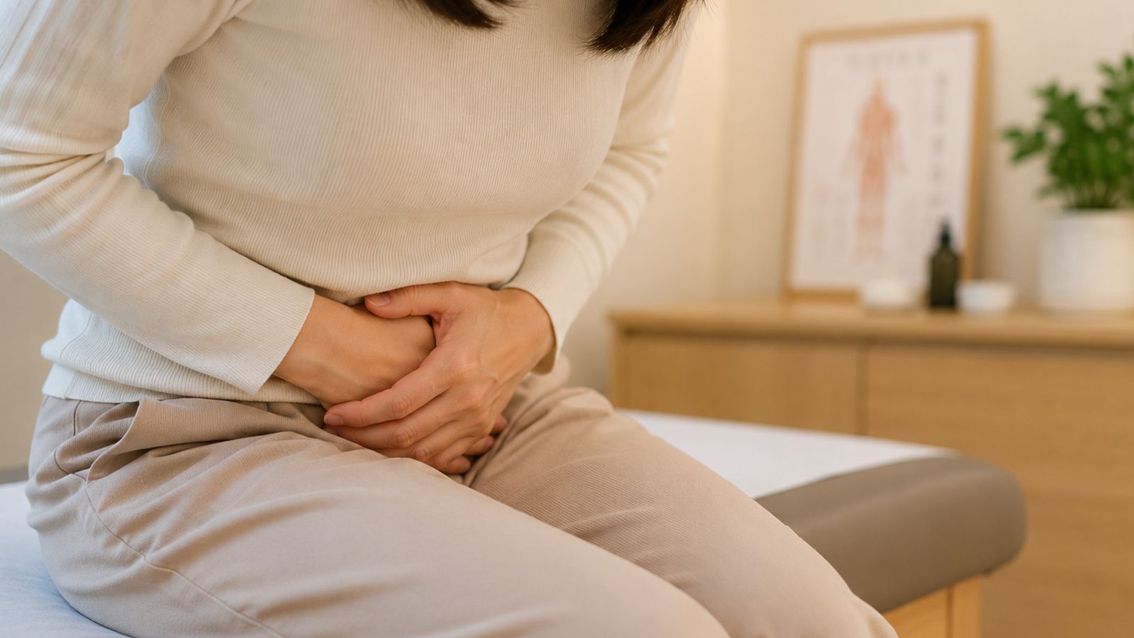 女性因經期下腹不適而輕按腹部