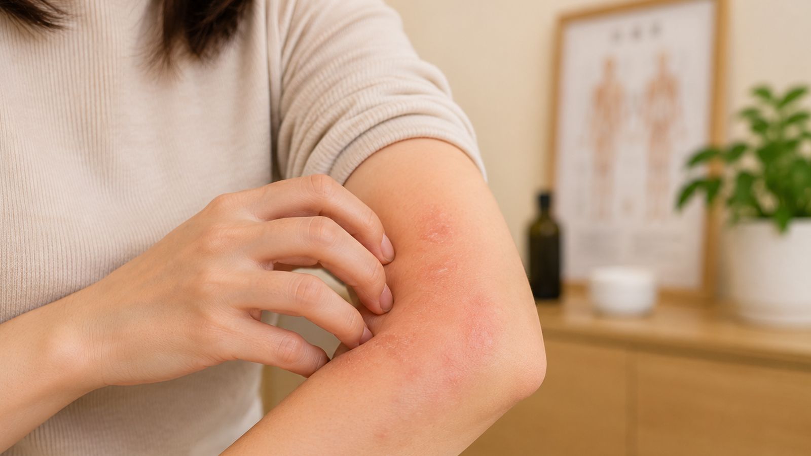 患者因手肘皮膚乾燥泛紅及痕癢而搔抓患處